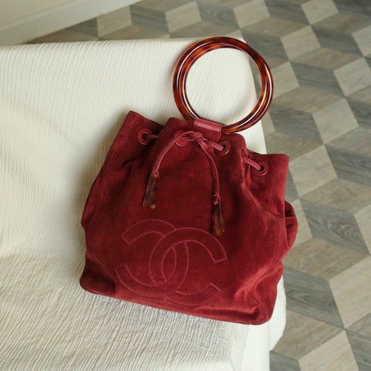Chanel Vintage Auburn Red Suede Draw string Stitched CC Tortoiseshell Weekend Bag