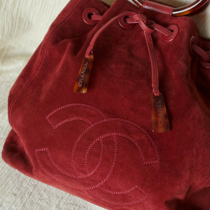 Chanel Vintage Auburn Red Suede Draw string Stitched CC Tortoiseshell Weekend Bag