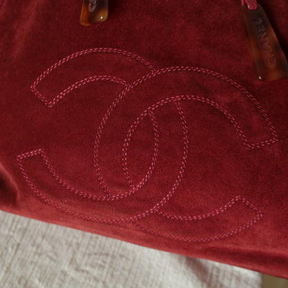 Chanel Vintage Auburn Red Suede Draw string Stitched CC Tortoiseshell Weekend Bag