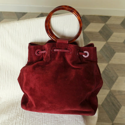 Chanel Vintage Auburn Red Suede Draw string Stitched CC Tortoiseshell Weekend Bag