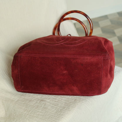 Chanel Vintage Auburn Red Suede Draw string Stitched CC Tortoiseshell Weekend Bag