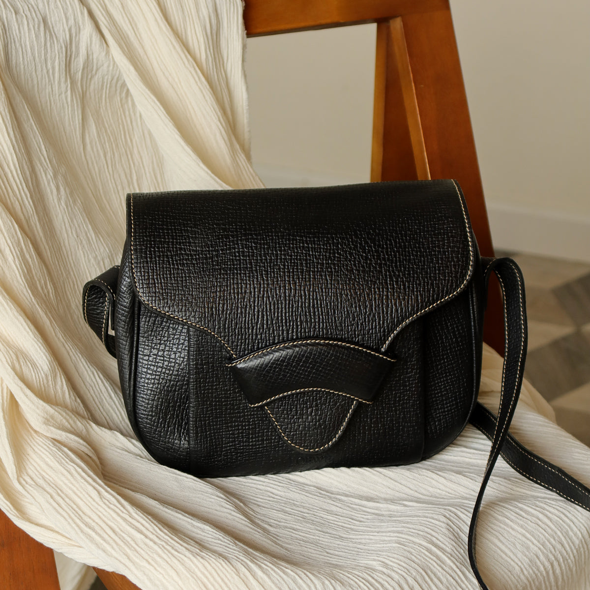Loewe Vintage Black Leather Barcelona Crossbody Flap Bag