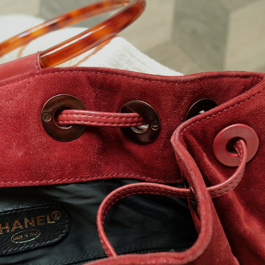 Chanel Vintage Auburn Red Suede Draw string Stitched CC Tortoiseshell Weekend Bag