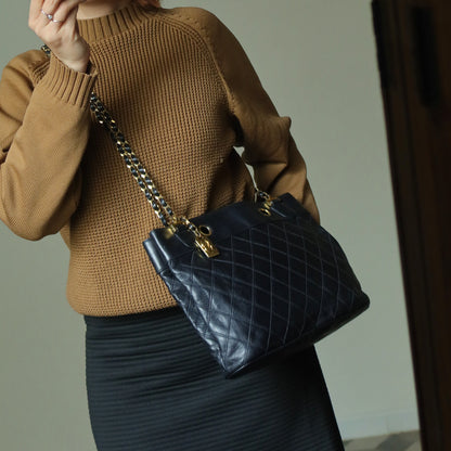 Chanel Vintage Black Calfskin Matelasse Quilted CC Charm Crossbody Shoulder Bag S