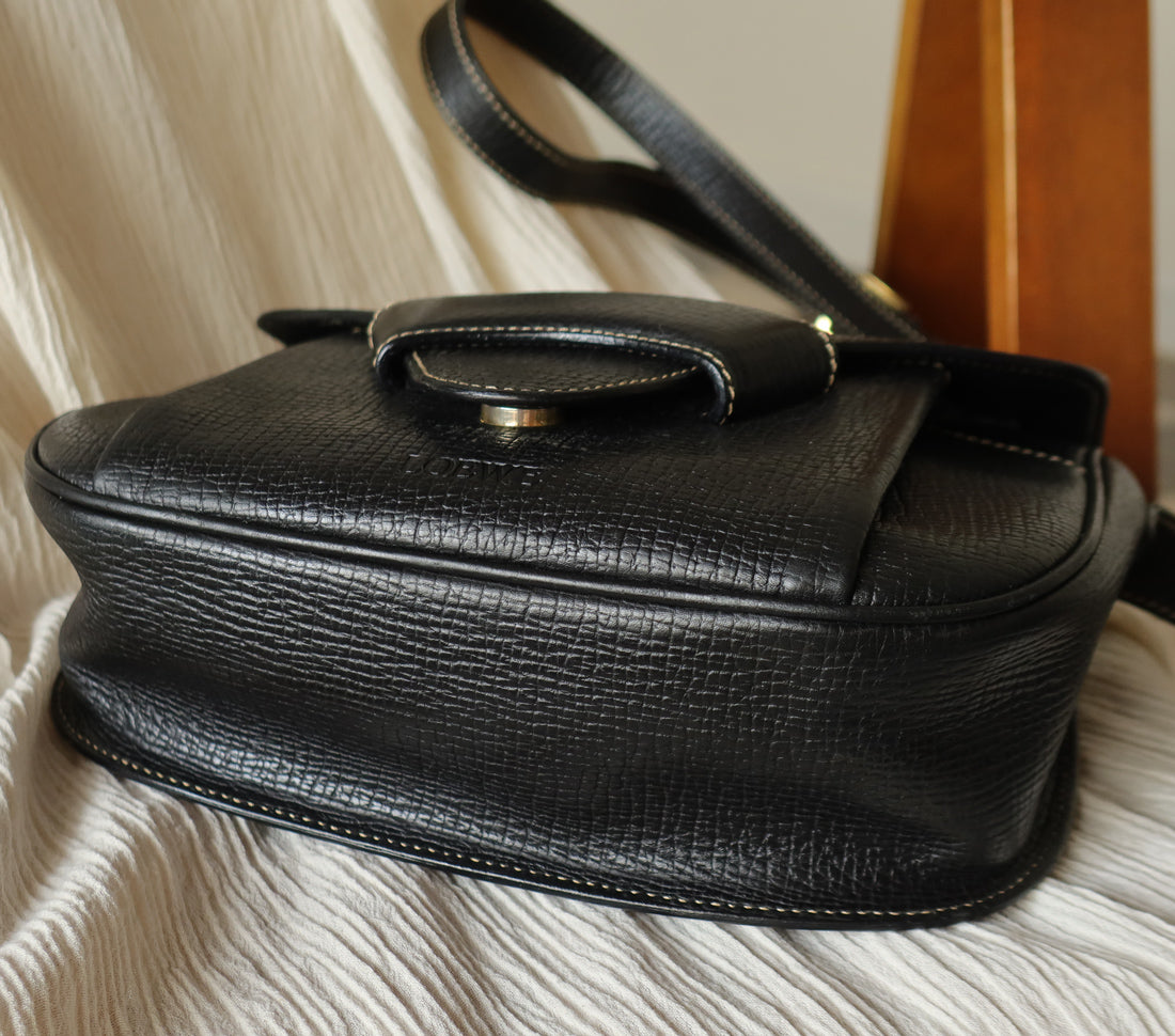 Loewe Vintage Black Leather Barcelona Crossbody Flap Bag