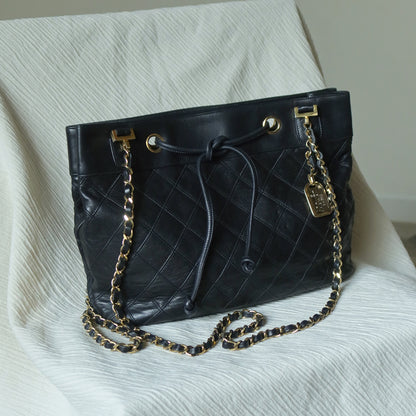 Chanel Vintage Black Calfskin Matelasse Quilted CC Charm Crossbody Shoulder Bag S