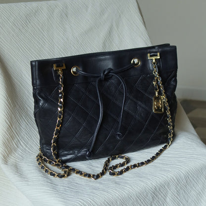 Chanel Vintage Black Calfskin Matelasse Quilted CC Charm Crossbody Shoulder Bag S