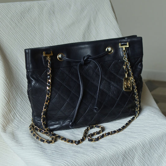 Chanel Vintage Black Calfskin Matelasse Quilted CC Charm Crossbody Shoulder Bag S