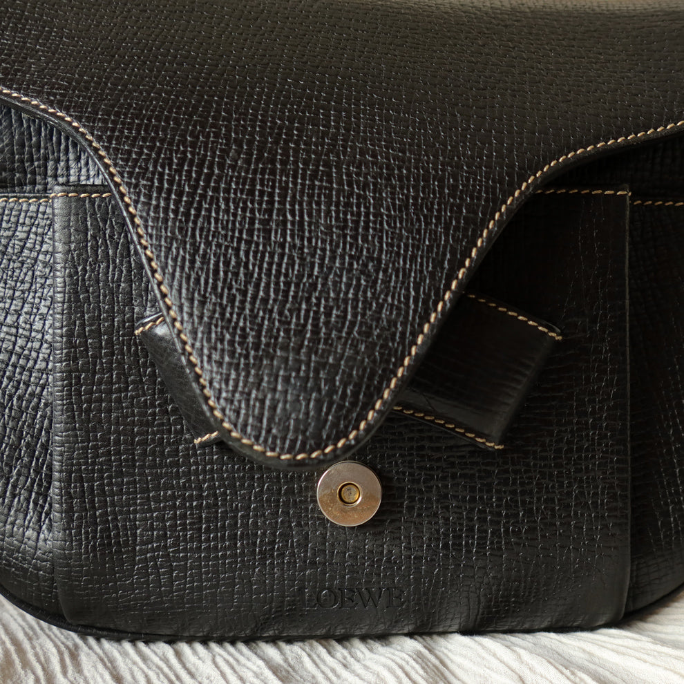 Loewe Vintage Black Leather Barcelona Crossbody Flap Bag