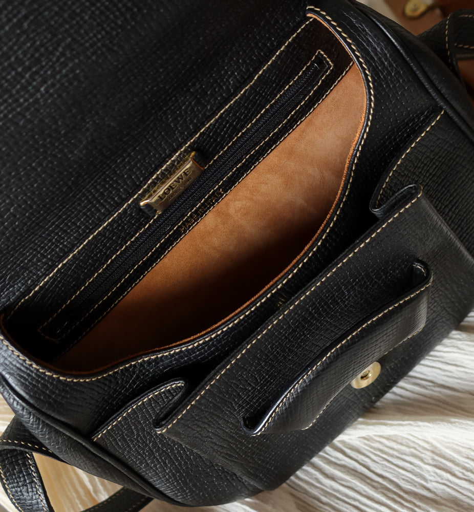 Loewe Vintage Black Leather Barcelona Crossbody Flap Bag