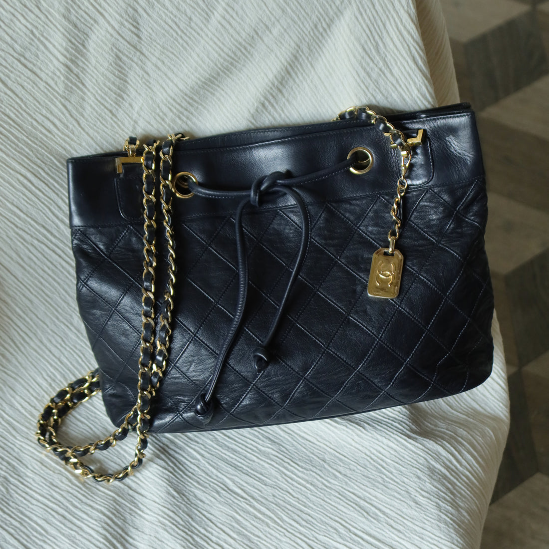 Chanel Vintage Black Calfskin Matelasse Quilted CC Charm Crossbody Shoulder Bag S