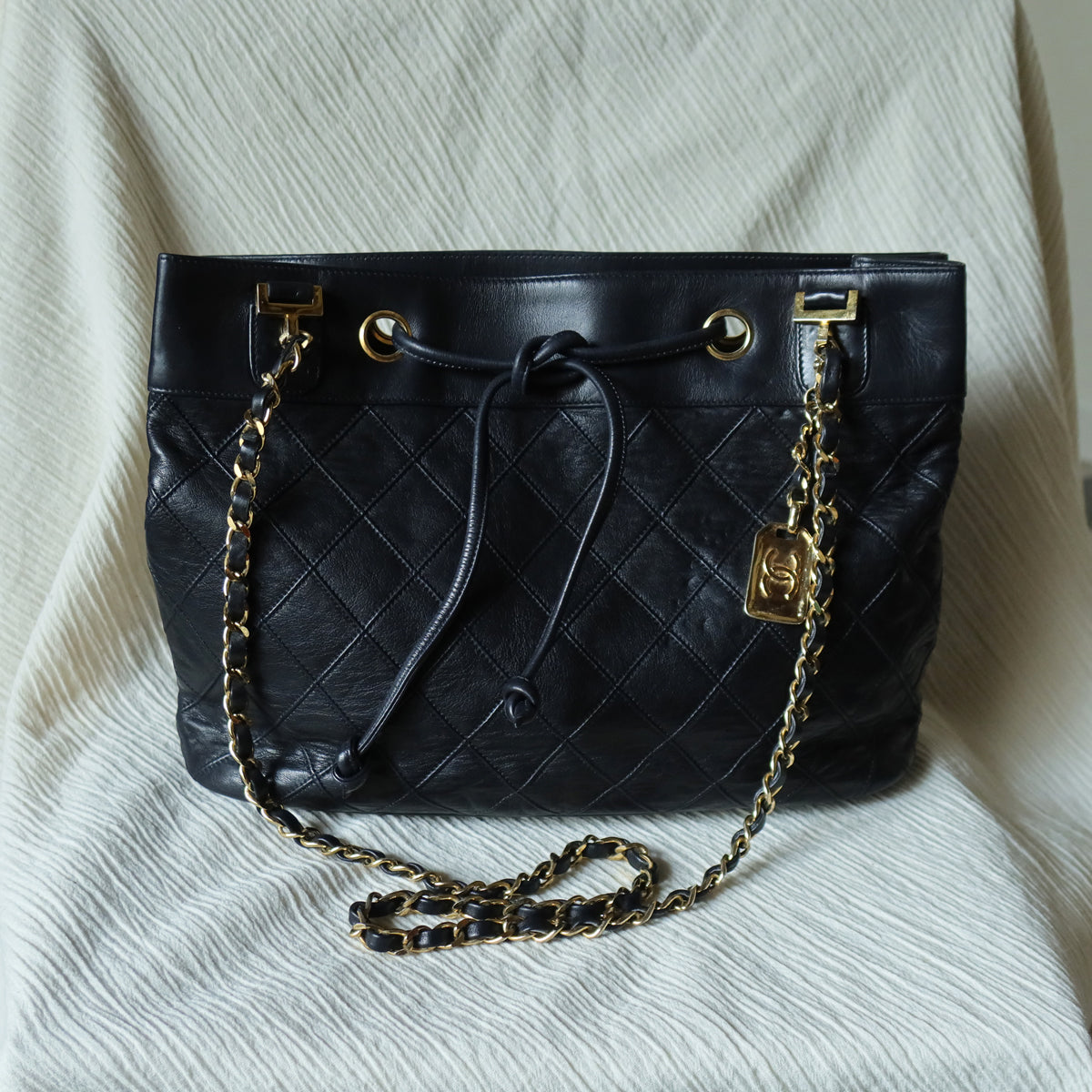 Chanel Vintage Black Calfskin Matelasse Quilted CC Charm Crossbody Shoulder Bag S