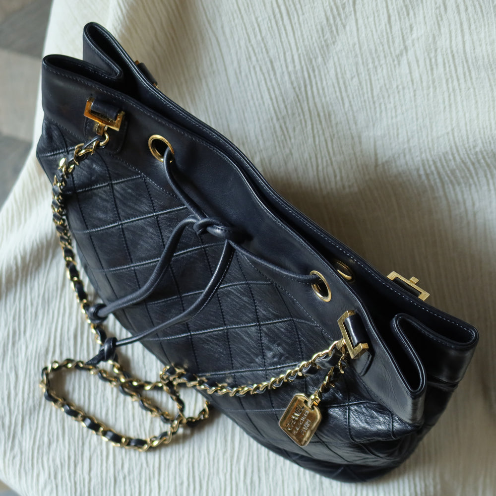 Chanel Vintage Black Calfskin Matelasse Quilted CC Charm Crossbody Shoulder Bag S