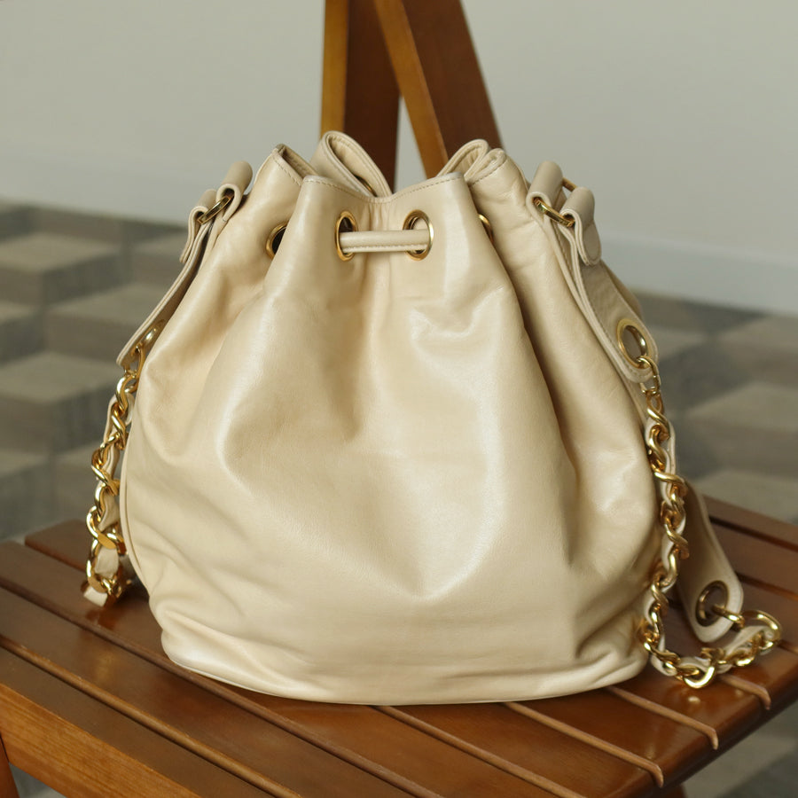 Chanel Vintage Beige Lambskin Coco mark Gold Ball Charm Crossbody Bucket Bag