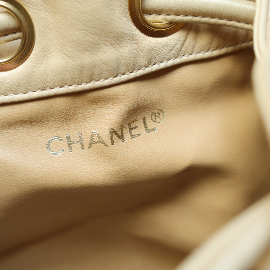 Chanel Vintage Beige Lambskin Coco mark Gold Ball Charm Crossbody Bucket Bag