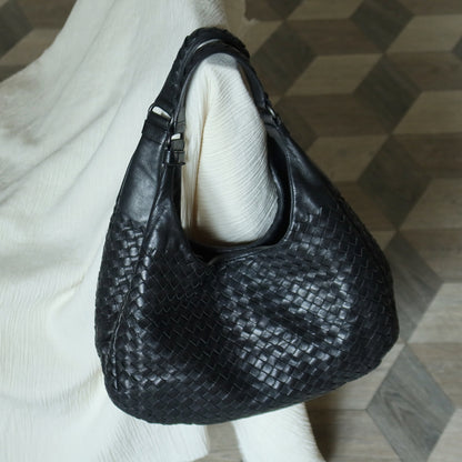 Bottega Veneta Vintage Black Leather Intrecciato Campana Hobo Shoulder Bag N
