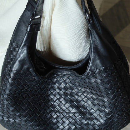 Bottega Veneta Vintage Black Leather Intrecciato Campana Hobo Shoulder Bag N