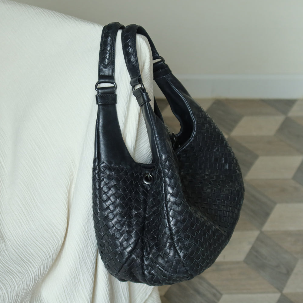Bottega Veneta Vintage Black Leather Intrecciato Campana Hobo Shoulder Bag N