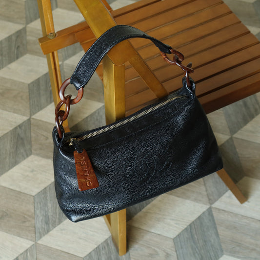 Chanel Vintage Black Caviar Leather Wood-resin Hobo Coco Mark Shoulder Bag S