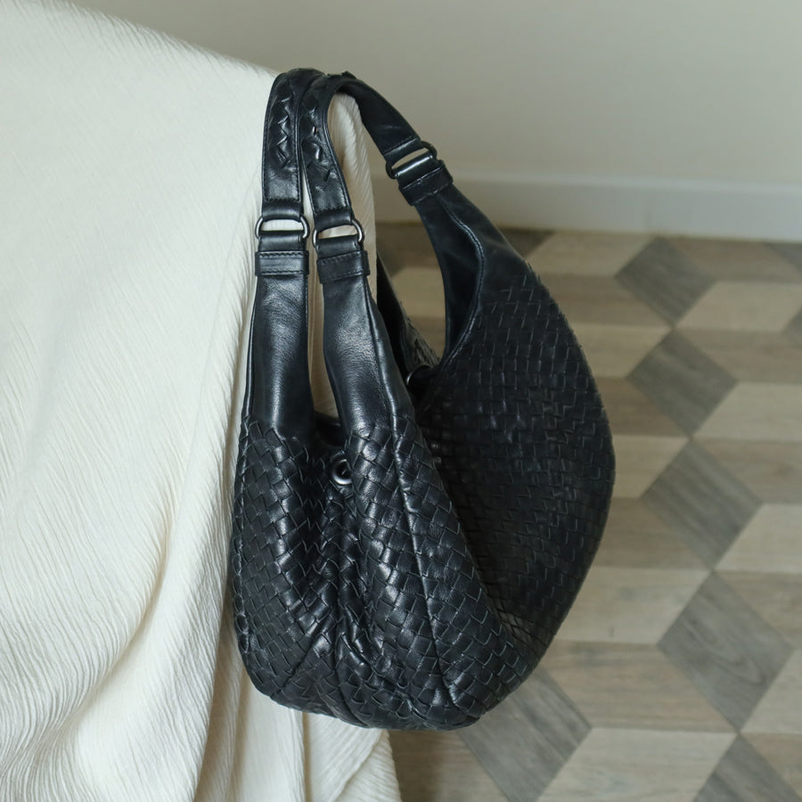Bottega Veneta Vintage Black Leather Intrecciato Campana Hobo Shoulder Bag N