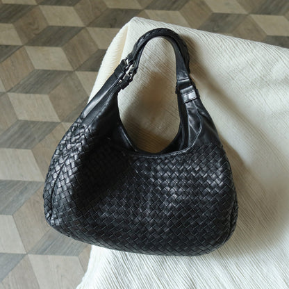 Bottega Veneta Vintage Black Leather Intrecciato Campana Hobo Shoulder Bag N