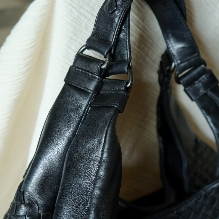 Bottega Veneta Vintage Black Leather Intrecciato Campana Hobo Shoulder Bag N