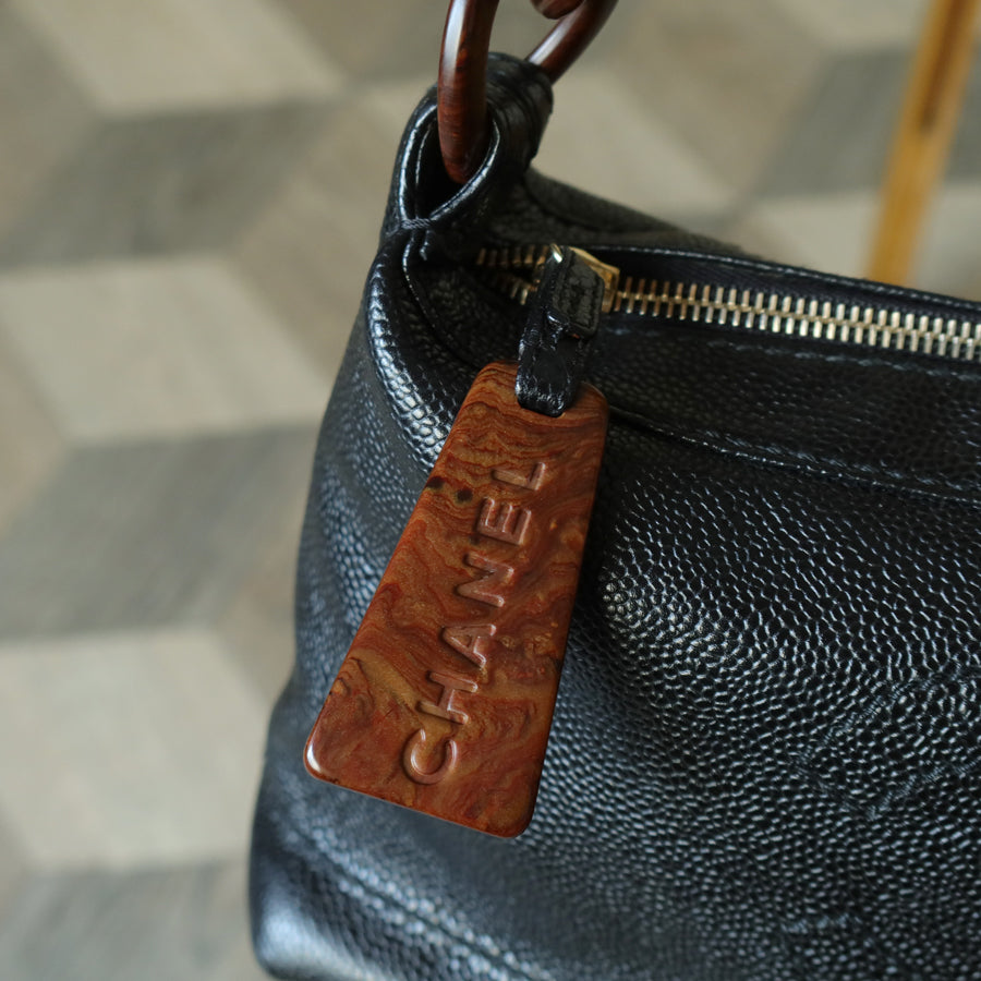 Chanel Vintage Black Caviar Leather Wood-resin Hobo Coco Mark Shoulder Bag S