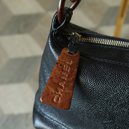 Chanel Vintage Black Caviar Leather Wood-resin Hobo Coco Mark Shoulder Bag S