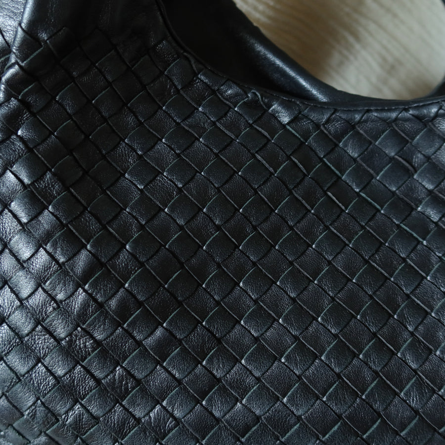 Bottega Veneta Vintage Black Leather Intrecciato Campana Hobo Shoulder Bag N