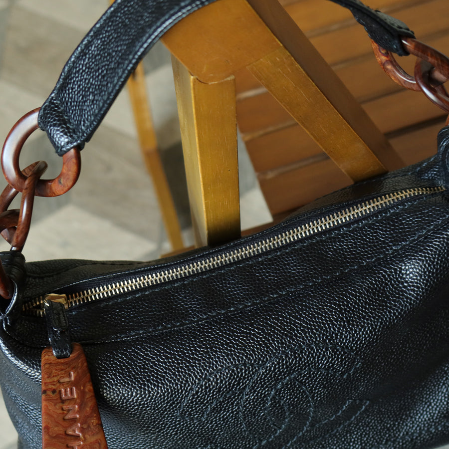 Chanel Vintage Black Caviar Leather Wood-resin Hobo Coco Mark Shoulder Bag S
