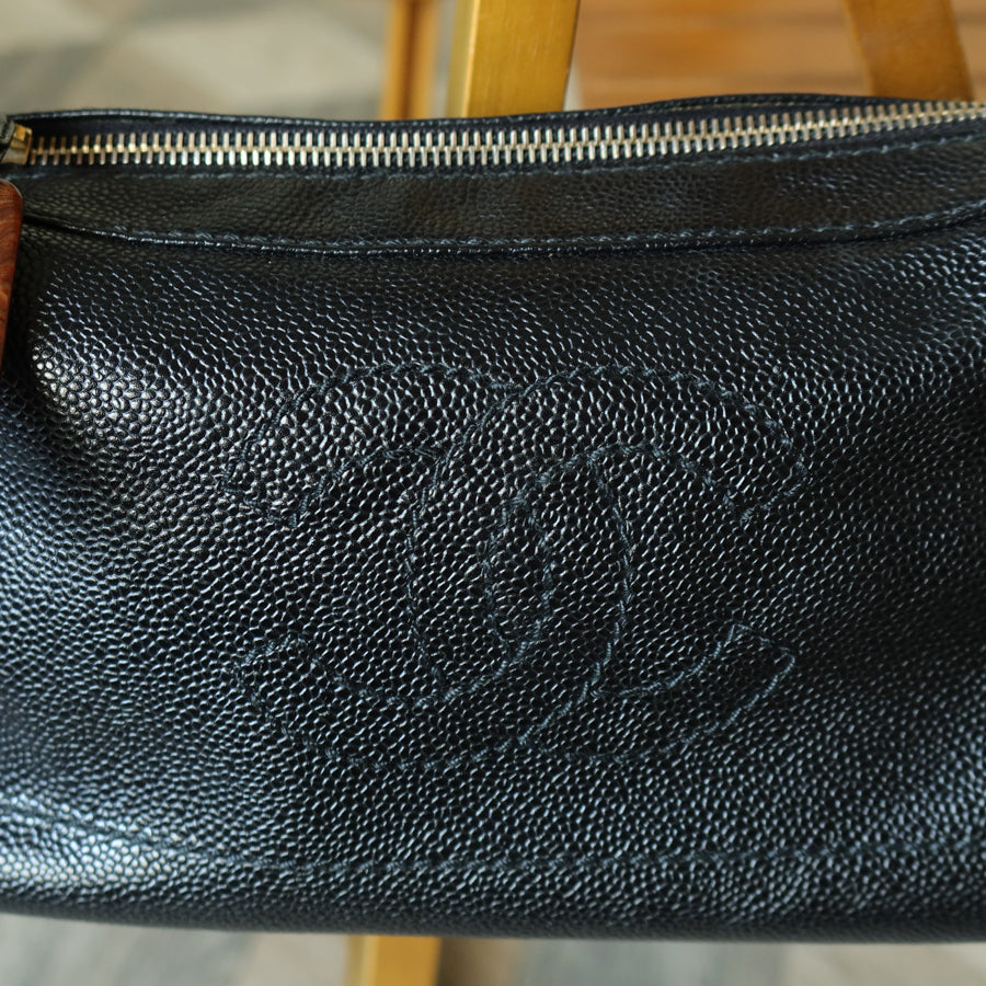 Chanel Vintage Black Caviar Leather Wood-resin Hobo Coco Mark Shoulder Bag S