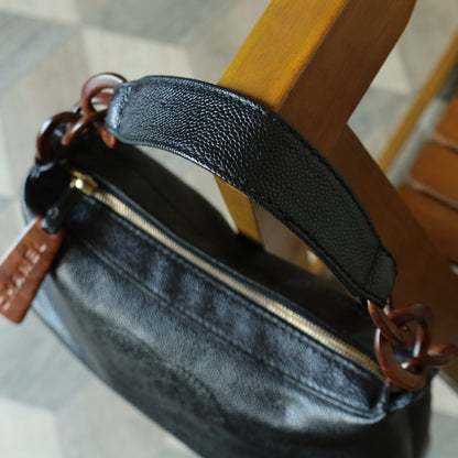 Chanel Vintage Black Caviar Leather Wood-resin Hobo Coco Mark Shoulder Bag S