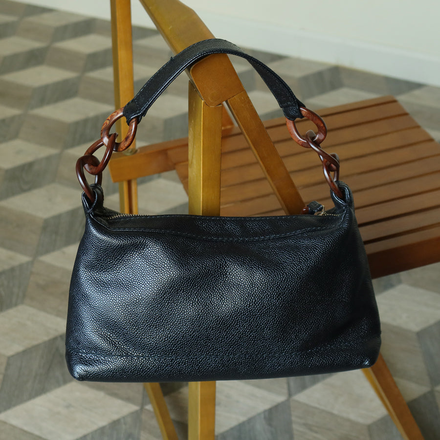 Chanel Vintage Black Caviar Leather Wood-resin Hobo Coco Mark Shoulder Bag S