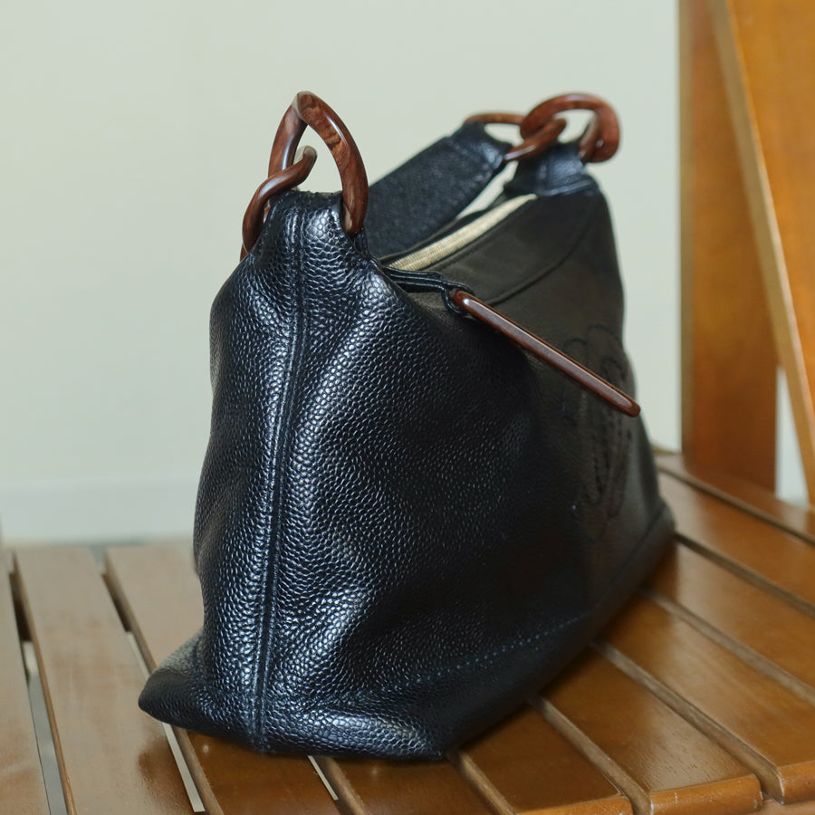 Chanel Vintage Black Caviar Leather Wood-resin Hobo Coco Mark Shoulder Bag S