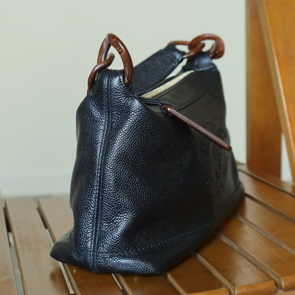 Chanel Vintage Black Caviar Leather Wood-resin Hobo Coco Mark Shoulder Bag S