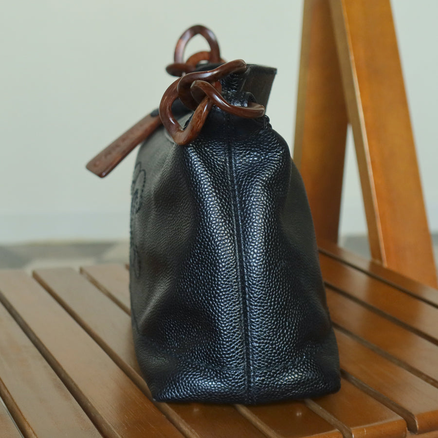 Chanel Vintage Black Caviar Leather Wood-resin Hobo Coco Mark Shoulder Bag S