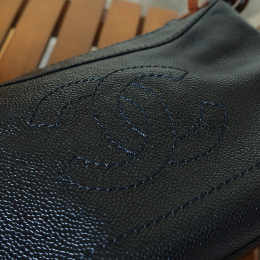 Chanel Vintage Black Caviar Leather Wood-resin Hobo Coco Mark Shoulder Bag S