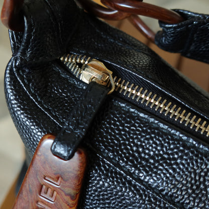 Chanel Vintage Black Caviar Leather Wood-resin Hobo Coco Mark Shoulder Bag S