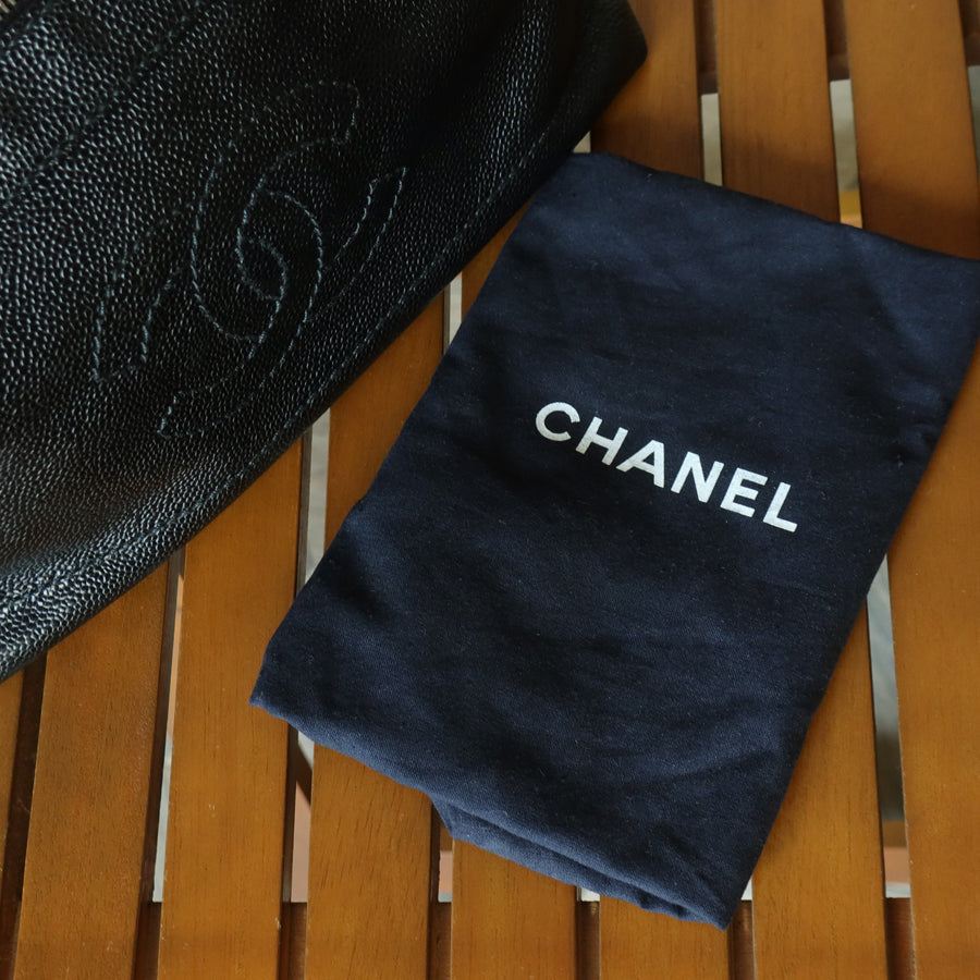 Chanel Vintage Black Caviar Leather Wood-resin Hobo Coco Mark Shoulder Bag S