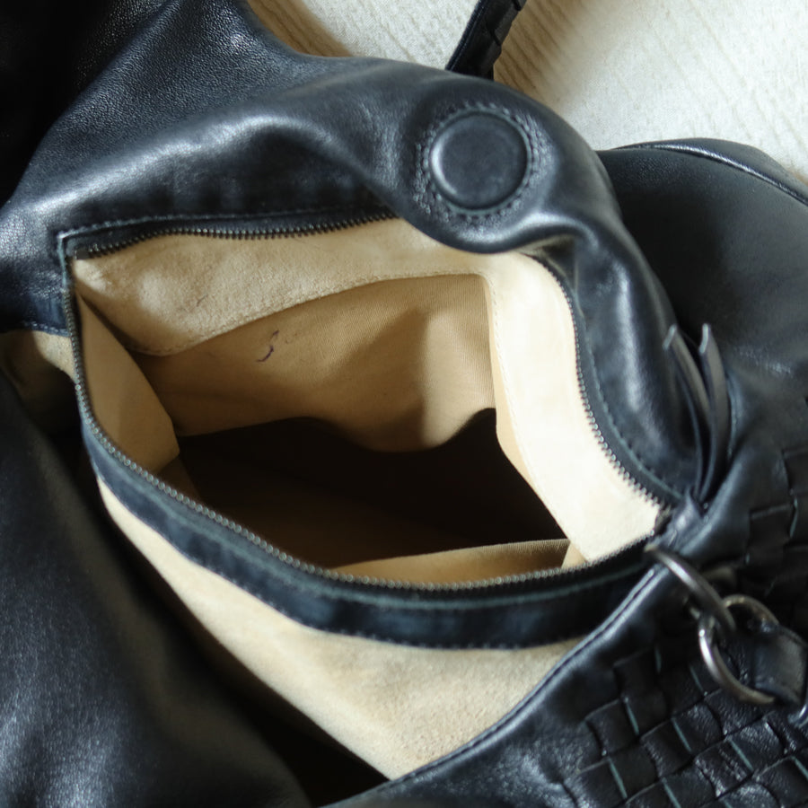 Bottega Veneta Vintage Black Leather Intrecciato Campana Hobo Shoulder Bag N