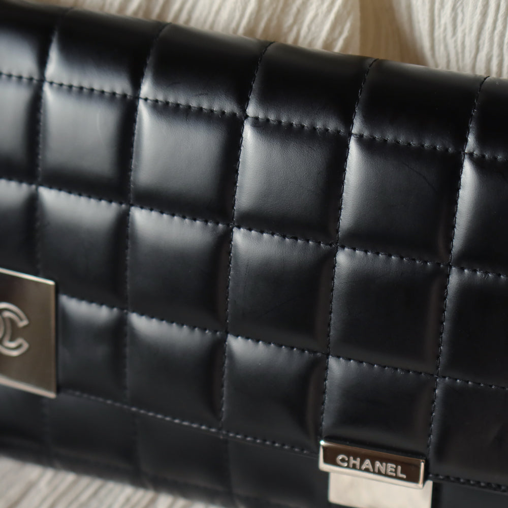 Chanel Vintage Black Quilted Chocolate Bar Coco mark 2way Clutch Bag