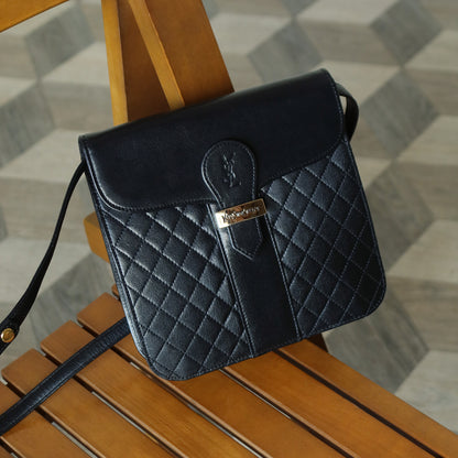 Yves Saint Laurent YSL Vintage Black Leather Quilted Gold Buckle Shoulder Flap bag S