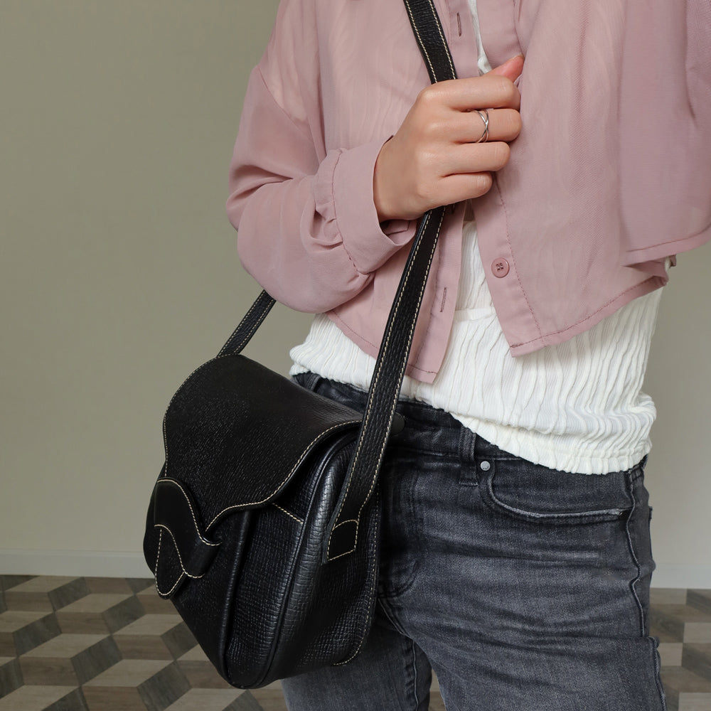 Loewe Vintage Black Leather Barcelona Crossbody Flap Bag