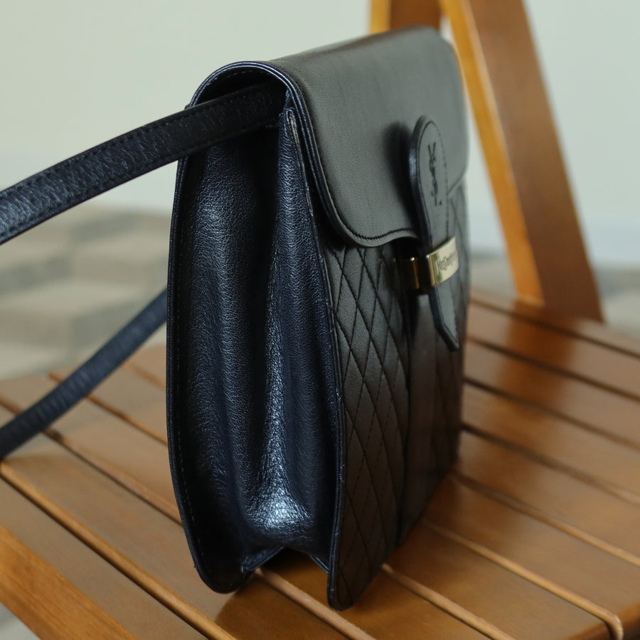 Yves Saint Laurent YSL Vintage Black Leather Quilted Gold Buckle Shoulder Flap bag S