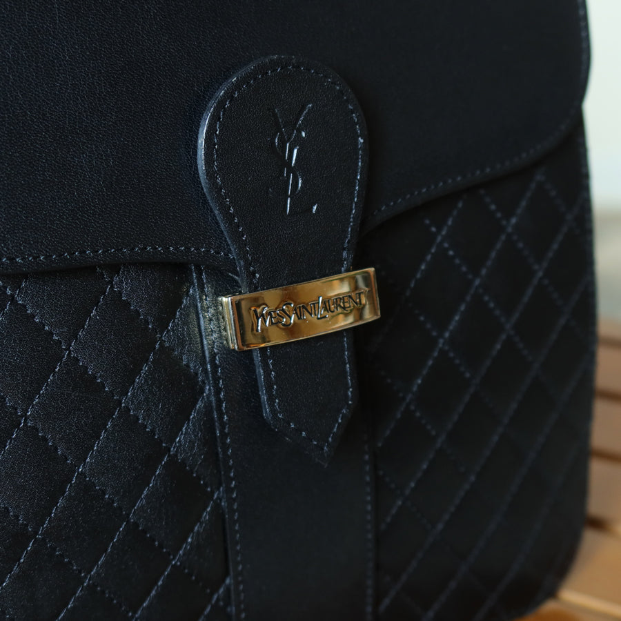 Yves Saint Laurent YSL Vintage Black Leather Quilted Gold Buckle Shoulder Flap bag S