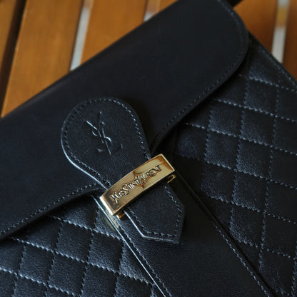 Yves Saint Laurent YSL Vintage Black Leather Quilted Gold Buckle Shoulder Flap bag S