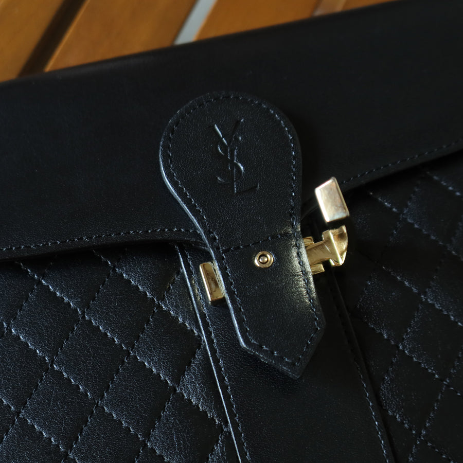 Yves Saint Laurent YSL Vintage Black Leather Quilted Gold Buckle Shoulder Flap bag S