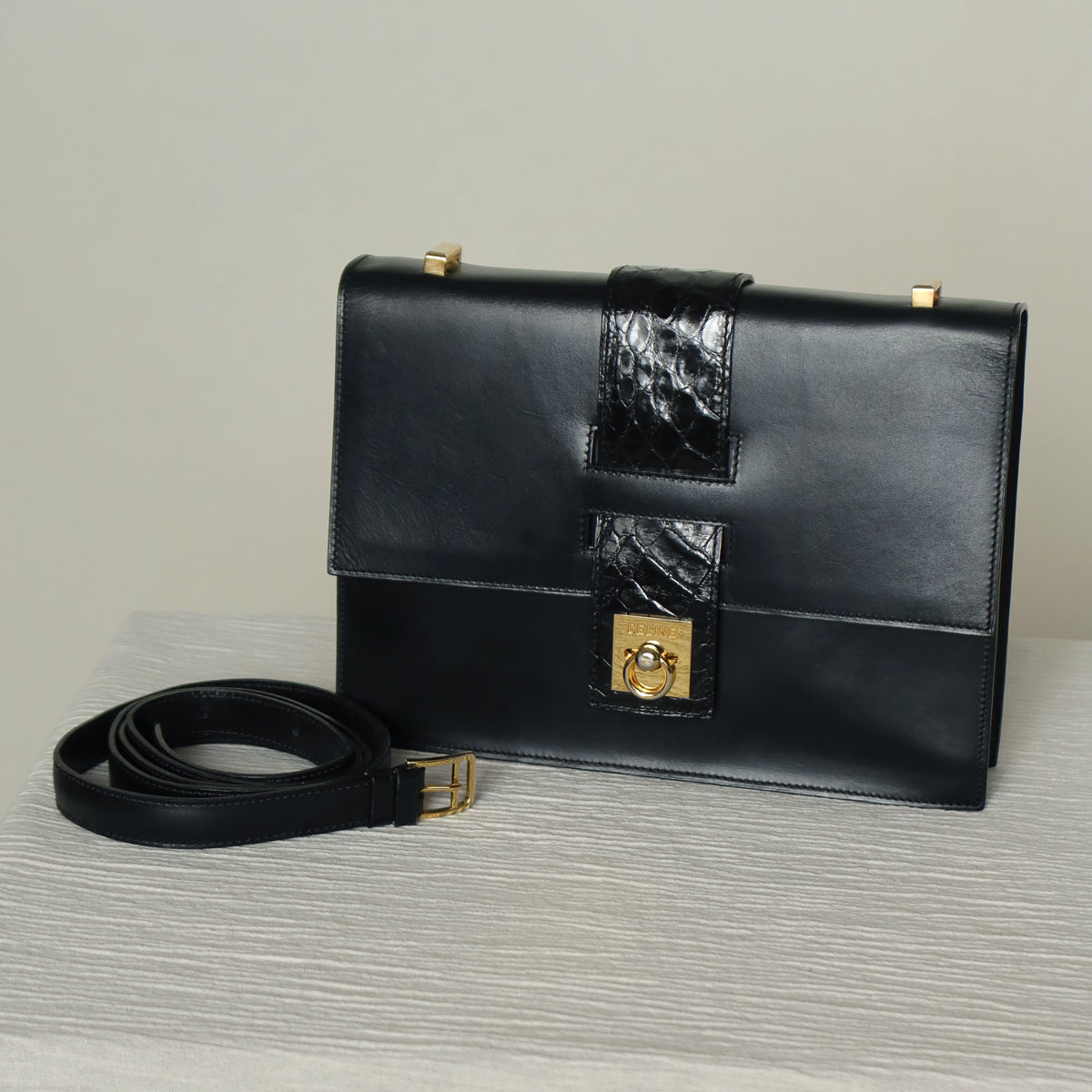 Celine Vintage Black Embossed Leather Gold Clasp 2way Shoulder Flap Bag
