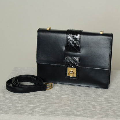 Celine Vintage Black Embossed Leather Gold Clasp 2way Shoulder Flap Bag