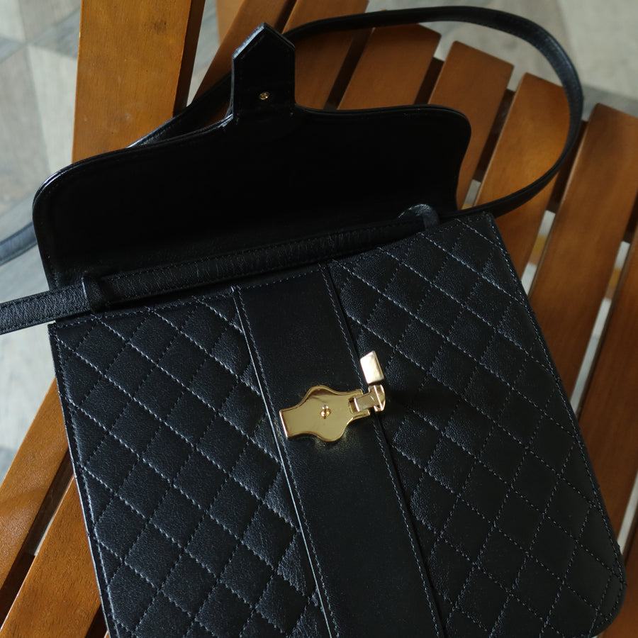 Yves Saint Laurent YSL Vintage Black Leather Quilted Gold Buckle Shoulder Flap bag S